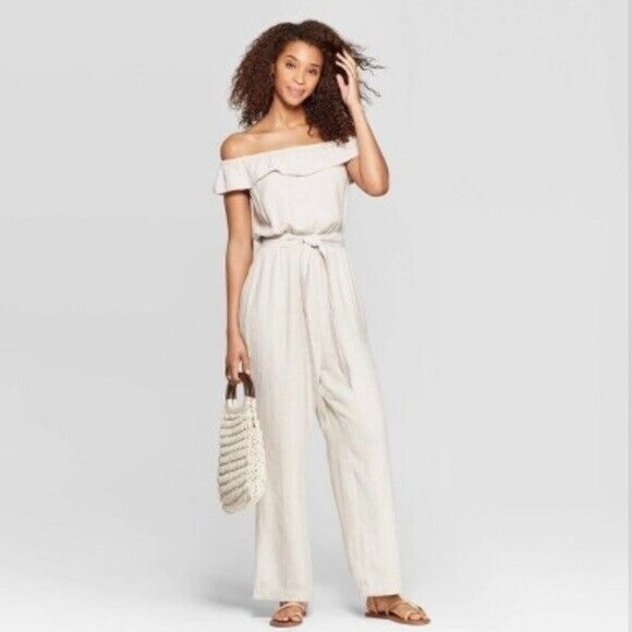 Universal Thread Jumpsuit Off Shoulder Linen Belted Beige Stripe NWT - Picture 1 of 11